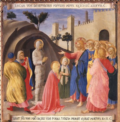 ラザロの蘇生。キリストの生涯」アルマディオ・デッリ・アルジェンティ(木にテンペラ 作： Fra  Angelico