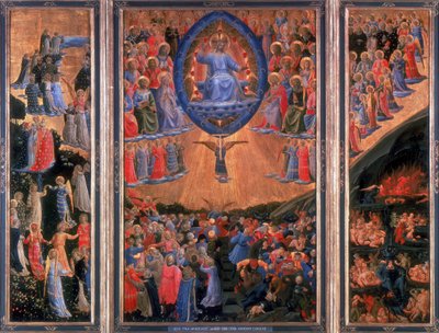 The Last Judgement」。左が天国、右が地獄です。中央のパネルではキリストが裁きを受けています。フラ・アンジェリコ（1400-1455）フィレンツェ出身の画家。トリプティク。板にテンペラ。ベルリンの国立博物館 作： Fra (c.1400 55) Angelico