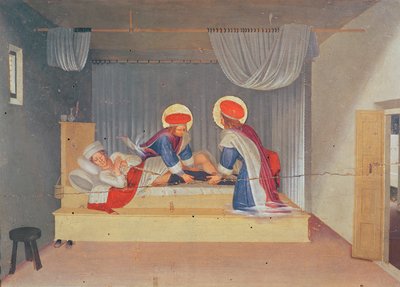 祭壇画、天使と8人の聖人に囲まれた聖母子。プレデラ：聖コスマスと聖ダミアンが黒人の脚をユスティニアの執事に移植した（パネル上のテンペラ） 作： Fra Angelico
