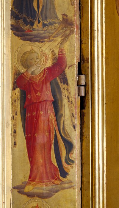 トランペットを吹く天使、リナイウオーリの三連祭壇画、1433年（パネル上のテンペラ）の詳細 作： Fra Angelico