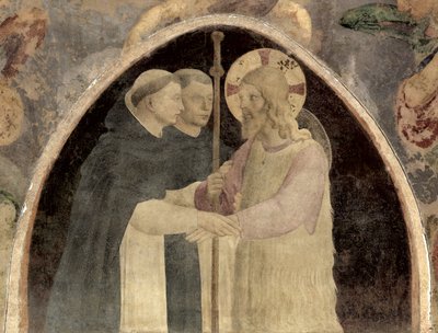 キリストは2つのドミニコ修道士を歓迎し、78936のフレスコ画の詳細 作： Fra Angelico