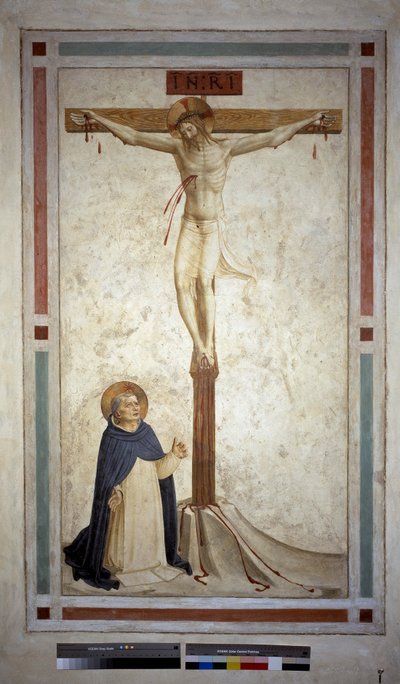 聖ドミニクとのはりつけ。十字架上の碑文「 "INRI"」。フレスコバイグイドディピエトロ 作： Fra Angelico