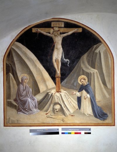 聖母マリアと聖ドミニクとのはりつけ。十字架上の刻印「INRI」1442 作： Fra Angelico