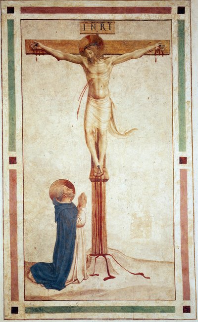 聖ドミニクとのはりつけ。十字架上の碑文「 "INRI"」。フレスコバイグイドディピエトロ 作： Fra Angelico