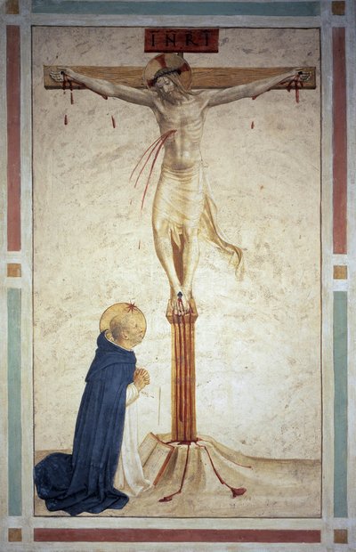 聖ドミニクとのはりつけ。十字架上の碑文「 "INRI"」。フレスコバイグイドディピエトロ 作： Fra Angelico
