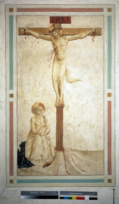 聖ドミニクとのはりつけ。十字架上の碑文「 "INRI"」。フレスコバイグイドディピエトロ 作： Fra Angelico