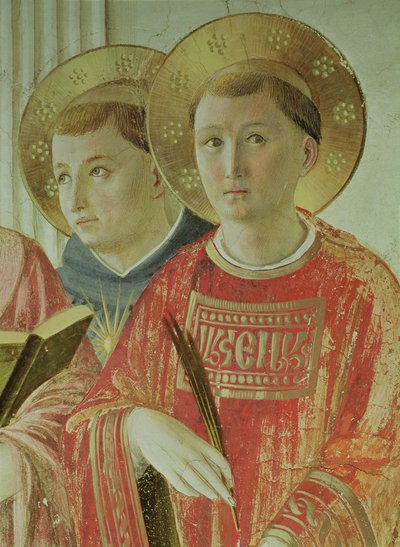 影のマドンナ、聖トマスアクィナスと聖ローレンスの詳細、1階の廊下（フレスコ画） 作： Fra Angelico