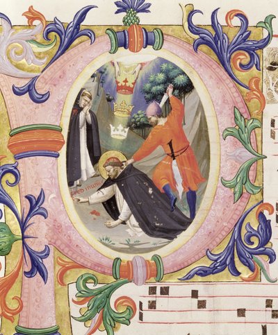 ミサ558 f.68v聖ペテロの殉教者の暗殺を描いた歴史的な初期の「P」 作： Fra Angelico