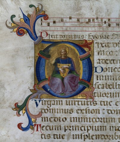 Ms 531 f.169v San Marco e Cenacoliの詩篇から、ダビデ王と彼の竪琴を描いた歴史的な初期の「D」 作： Fra Angelico