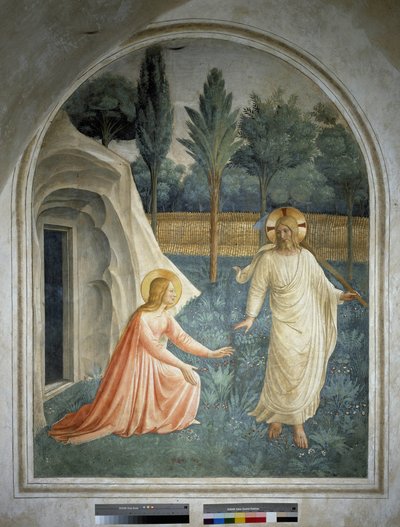 Noli me tangere。復活したイエス・キリストは聖マリア・マグダレンに触れることを拒否します。 作： Fra Angelico