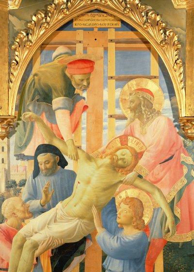サンタトリニータの祭壇画、十字架から降ろされた死んだキリストの詳細、1434年頃のテンペラ、パネル上の金 作： Fra Angelico