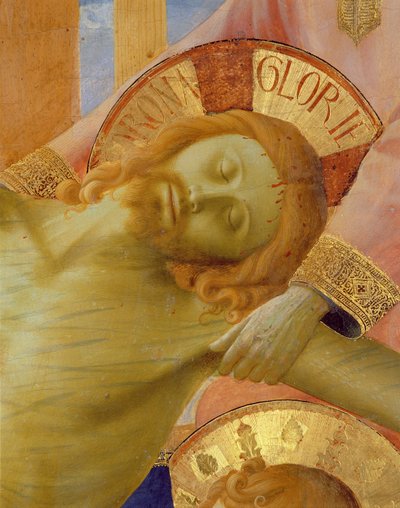 サンタトリニータの祭壇画、死んだキリストの頭の詳細、1434年頃のテンペラ、パネルに金 作： Fra Angelico