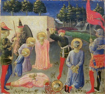 聖コスマスと聖ダミアンの斬首、アナレナ祭壇画のプレデラ、c.1434（パネル上のテンペラ） 作： Fra Angelico