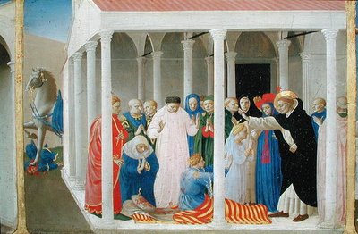 聖ドミニコによるナポレオンオルシーニの復活、聖母の戴冠式のプレデラパネル、c.1430-32（パネル上のテンペラ） 作： Fra Angelico