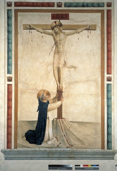 聖ドミニクとのはりつけ。十字架上の碑文「INRI」、1442年 作： Fra Angelico