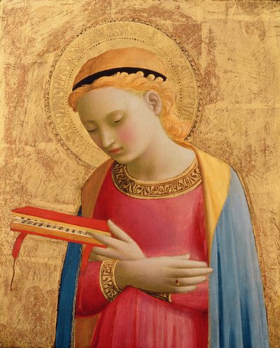Virgin Annunciate、1450-55（木製パネルの金箔とテンペラ）（139311も参照） 作： Fra Angelico