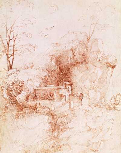 Fra Bartolomeo (1472-1517) が描いた、修道院のある岩の風景。 作： Fra Bartolomeo