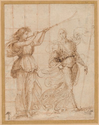 一人の天使がトランペットを吹き、もう一人が旗を持っている 作： Fra Bartolommeo