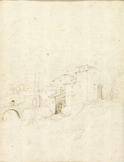 アーチ型の橋に人物が描かれた水車小屋 作： Fra Bartolommeo