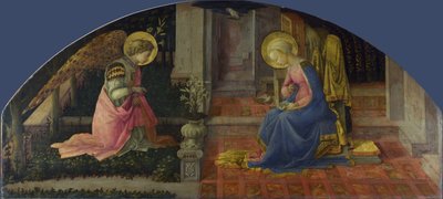 受胎告知。フラ・フィリッポ・リッピ（1406-1469）の絵画、1448-1450年頃。 木にテンペラ。サイズは68,6x152,7cmです。ロンドン、ナショナル・ギャラリー 作： Fra Filippo Lippi