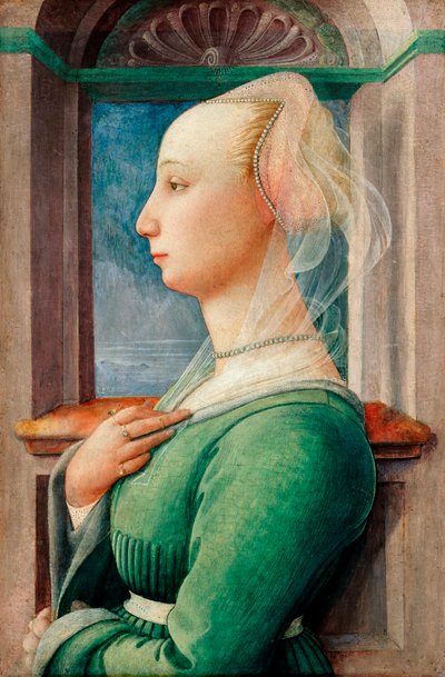 "Portrait de profil de jeune femme" (若い女性の横顔の肖像) Peinture sur bois de Filippo Lippi (1406-1469), ca 1445 - 木に油彩, 49,5x32,7 - Staatliche Museen, Berlin 作： Fra Filippo Lippi