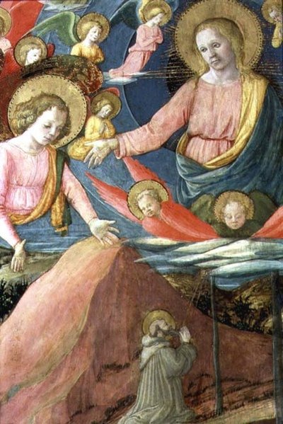 Inghiramiを寄付者とする聖ジェロームの死、天国の主人と天使たちを示す詳細 作： Fra Filippo Lippi