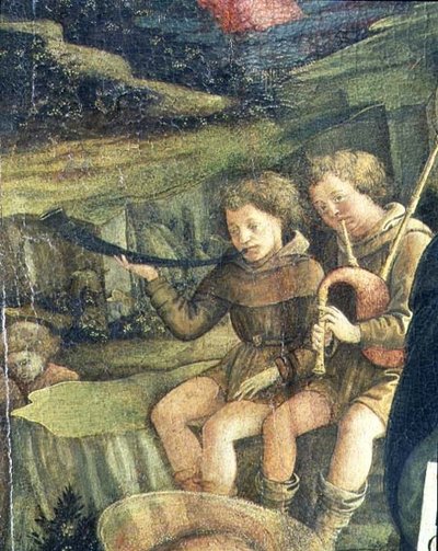 2つのミュージカル羊飼い、キリスト降誕、1470年からの詳細 作： Fra Filippo Lippi