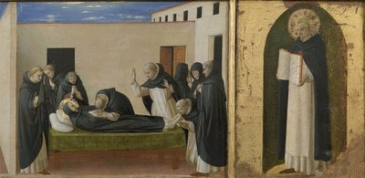 聖ドミニコと聖トマス・アクィナスの死。コルトナ・ポリプティックのプレデラの詳細、c1437。 作： Fra Giovanni Angelico da Fiesole