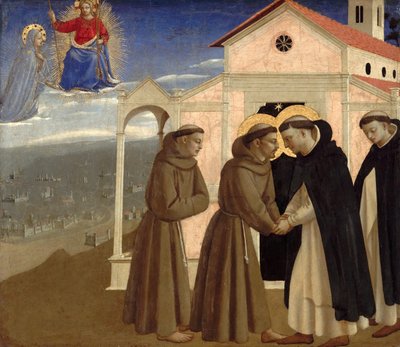 アッシジの聖フランシスコの生涯からの聖フランシスコと聖ドミニクの場面の出会い、約142 作： Fra Giovanni Angelico da Fiesole