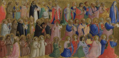 フィエーゾレサンドメニコ祭壇画からの使徒と他の聖人のパネルと聖母マリアc。 1423-1424 作： Fra Giovanni Angelico da Fiesole