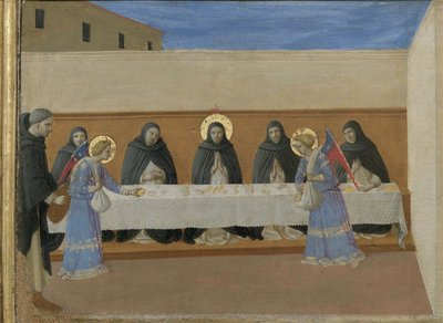 天使たちが修道士たちに夕食をふるまう。コルトナ・ポリプティック プレデラの詳細 1437年頃 作： Fra Giovanni Angelico da Fiesole
