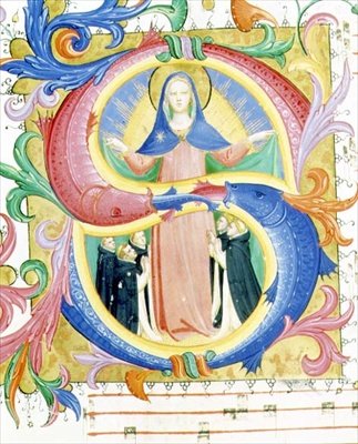Missal 558 f.156v 聖母が祈りを捧げる人々を外套の下に匿っている様子を描いた、歴史的なイニシャル「S」（1429年から30年頃、ベラム製） 作： Fra and Strozzi Zanobi di Benedetto Angelico