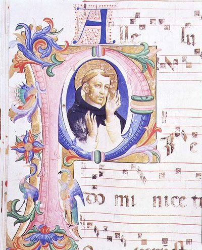 ミサール 558 f.24v 男性の聖人を描いたヒストリカルなイニシャル「P 作： Fra and Strozzi Zanobi di Benedetto Angelico