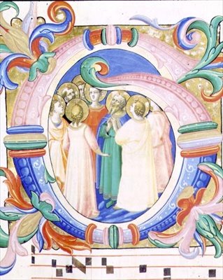 ミサール 558 f.41v 聖霊降臨祭を描いたヒストリカルなイニシャル「G」。 作： Fra and Strozzi Zanobi di Benedetto Angelico