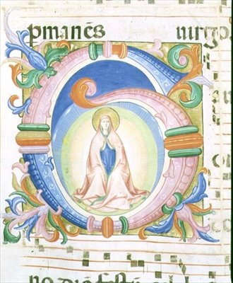 ミサール 558 f.92 祈っている聖母を描いたヒストリカルなイニシャル「G 作： Fra and Strozzi Zanobi di Benedetto Angelico