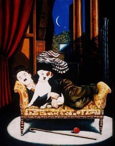 チャーリー・チャップリンとスクラップ、1992（パネル上のオイルとテンペラ） 作： Frances Broomfield