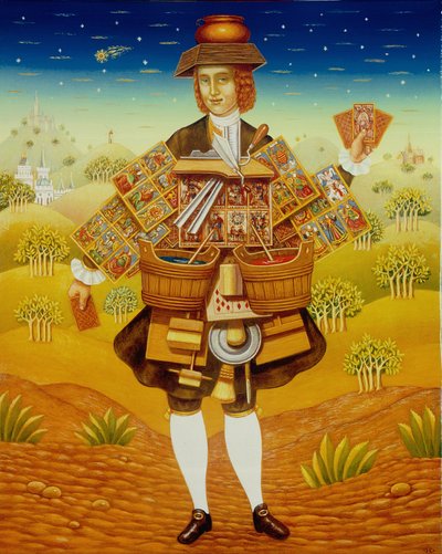 カード売り手、2003（パネルにオイルとテンペラ） 作： Frances Broomfield