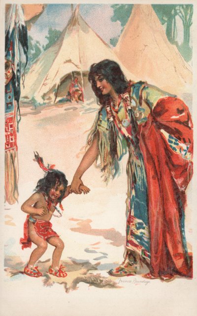 子供と手を繋いでいるネイティブアメリカンの女性 作： Frances Brundage