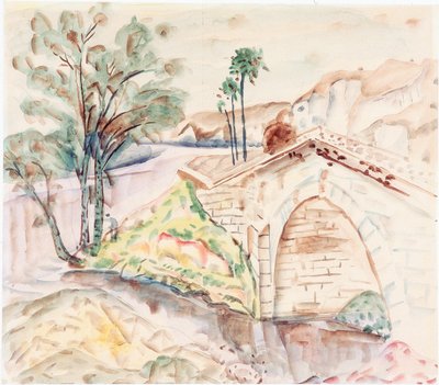 橋 (ボード上の紙に鉛筆と水彩) 作： Frances Hodgkins