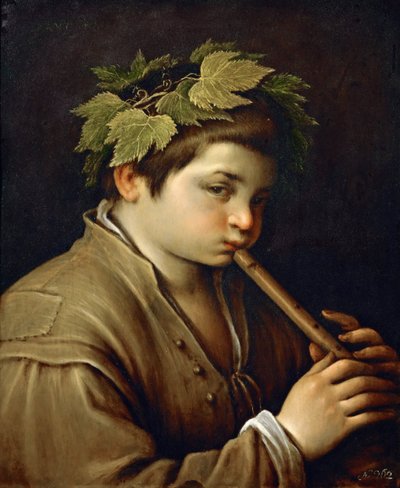 フルートを吹く少年（Garcon jouant de la flute） - Francesco Bassano, the Younger (1549-1592).銅に油彩、約1580-1585年。寸法：54,6x44 cm。ヴィエンヌの美術史博物館 作： Francesco Bassano