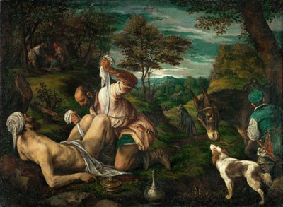Le bon samaritain - 善きサマリア人の譬え」バッサーノ、フランチェスコ、ザ・ヤング（1549-1592）作。1575年頃、キャンバスに油彩。サイズ：73x98.4cm。ヴィエンヌの美術史博物館 作： Francesco Bassano