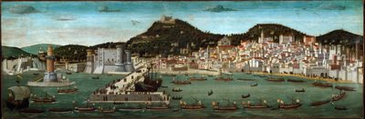 Tavola Strozzi: 1465年のイスキア島の戦いで勝利したアラゴン艦隊の帰還（木にテンペラ 作： Francesco (attr.) Rosselli