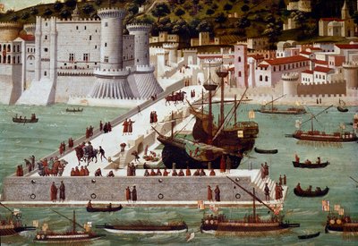 港とナポリの街：イスキア島の戦いで勝利したフェルディナンド・ダラゴンの凱旋船団が戻ってくる（7月6日 作： Francesco (attr.) Rosselli