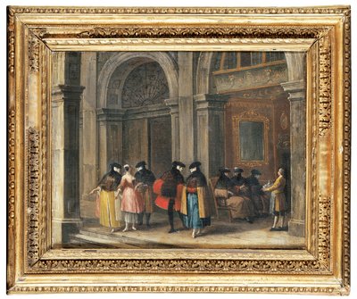 ヴェネツィアのカッフェフローリアンでコーヒーを飲む仮面の人物（キャンバスに油彩） 作： Francesco (attr. to) Guardi