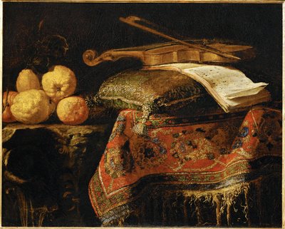 Nature Morte: cedrats et violon - 静物：レモンとヴァイオリン ... 作： フランチェスコ（b.1640）フィエラヴィーノ