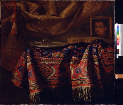 自画像のある静物。 （自画像のある静物）。 フランチェスコ・フィエラヴィーノ (1610 年から 1660 年) の絵画。 イタリアの芸術、バロック様式。 Regional A. Deineka Art Gallery、クルスク、ロシア 作： Francesco (b.1640) Fieravino
