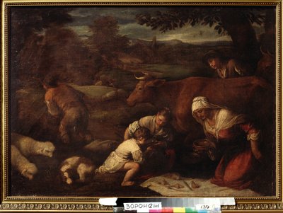 ""Le soir"" (夕方) 牧草地で昼食をとっている羊飼いの家族、女性、子供たち。 Jacopo Bassano (da Ponte) (1510-1592) の側近の絵画 16 世紀 Ivan Kramskoy (または Kramskoi) ロシアのヴォロネジ (ヴォロネジ) にある美術館。 作： Francesco (circle of) Bassano
