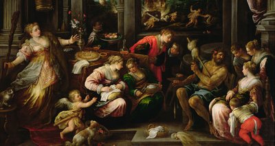 ヘラクレスとオンファレ、リディアの女王、1587年 作： Francesco Bassano