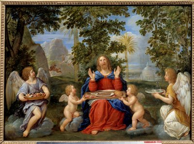 天使に仕えられるキリスト - フランチェスコ・アルバーニ（アルバーネ）の絵画 (1578-1660) 作： Francesco Albani