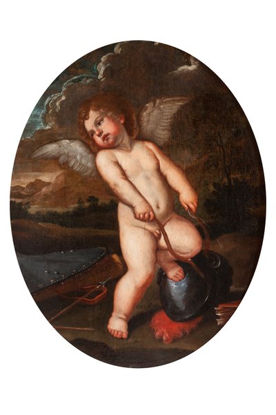 翼のあるプットがミネルバの楽器を壊す 作： Francesco Albani